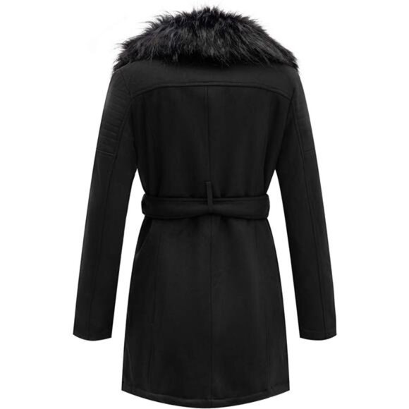 Women's Faux Leather Trench Coat Fleece Jacket with Detachable Fur Collar - Picture 3 of 6